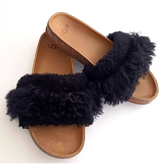 UGG Diane Wisp Blk Sheepskin Fluffie Fluff Slide Footbed Sandal Sz 5.5 - Picture 1 of 8